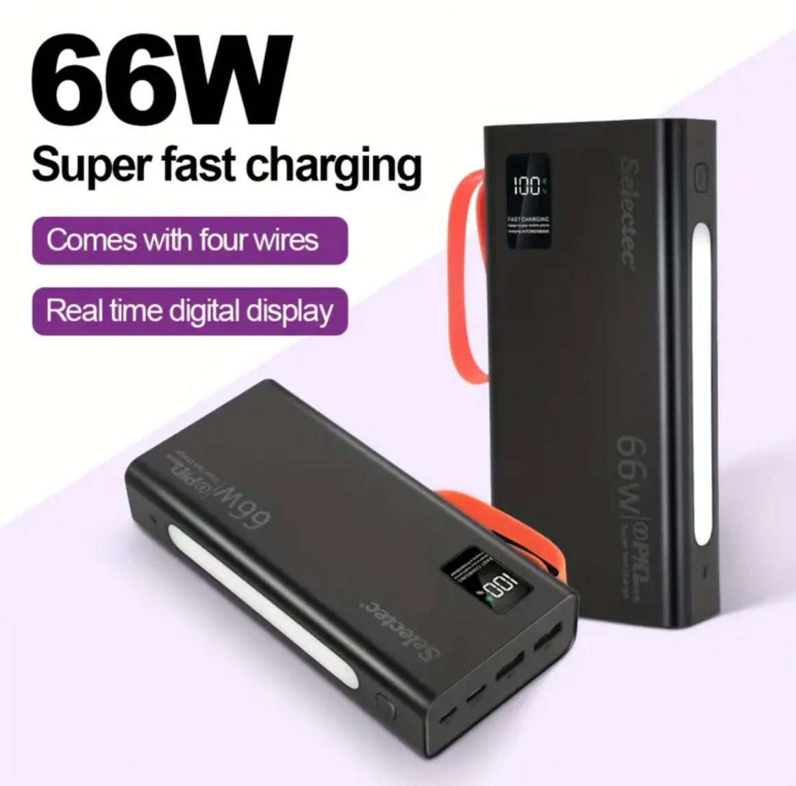 20000mAh Power Bank Super Fast Charging 66W Fast Charging Portable Charger High Brightness Flashlight With Built In Cable USB C LED Display Travel Battery Pack 5 Outputs & 3 Inputs For IPhone For Samsung Android for ipad Phones Tablets Etc